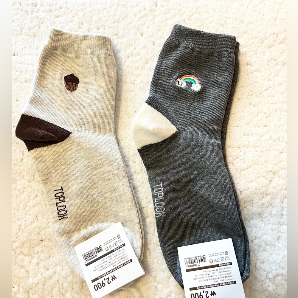 NEW set of 2 Korean socks acorn squirrel rainbow gray tan